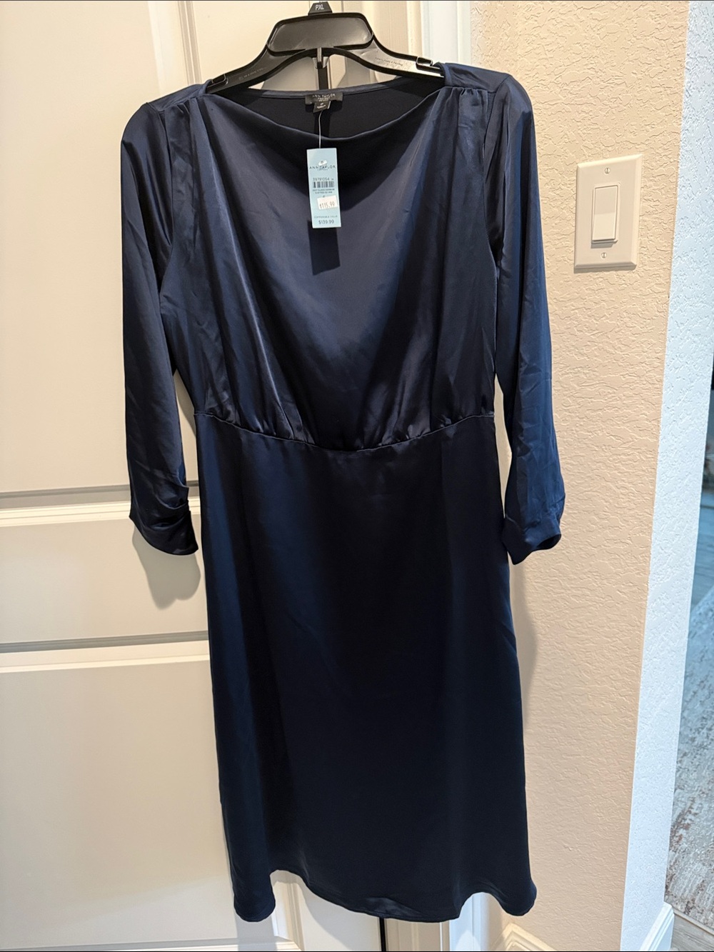 Ann Taylor Navy Satin Long Sleeve Sheath Dress